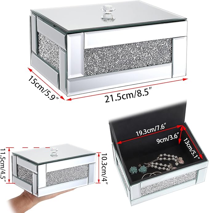 Hipiwe Glass Mirrored Jewelry Box with Crushed Diamond Decor, Trinket Organizer Box Luxury Rings Earrings Necklace Storage Keepsake Box Treasure Chest Case, Silver Large Size - Image 6