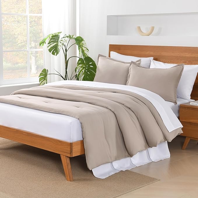 Andency California King Comforter Set - 7 Pieces Bed in a Bag Cal King Bedding Comforter Sets Oatmeal, Winter Solid Soft Lightweight Comforter with Fitted Sheets, Flat Sheets, Pillowcases & Shams