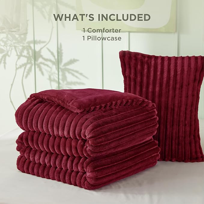 Bedsure Twin/Twin XL Size Comforter - GentleSoft™ 2 Pieces Double-Side Fleece Fluffy Dark Red Comforter Set, Cozy Striped Room Decor Aesthetic Luxury Twin Bedding Sets, 1 Pillowcase, 68x88 Inches