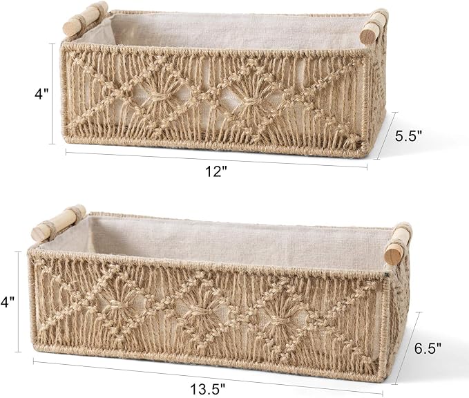 Mkono Macrame Storage Baskets Boho Decor Box Handmade Woven Decorative Countertop Toilet Tank Shelf Cabinet Organizer for Bedroom Livingroom Home, Set of 2, Brown - Image 7