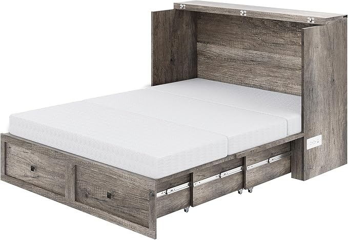LUXOAK Full Murphy Bed with 6" White Tri-Fold Memory Foam Mattress, Storage Drawer & Charging Station, Space-Saving Design for Home Office or Guest Room, Rustic Grey
