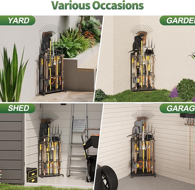 Garden Tool Organizer for Corner - Heavy Duty Metal Rack with 34 Storage Compartments & 14 Hooks for Shovels, Rakes, Long-Handled Tools, Ideal for Garden, Shed, Garage Storage - Image 8