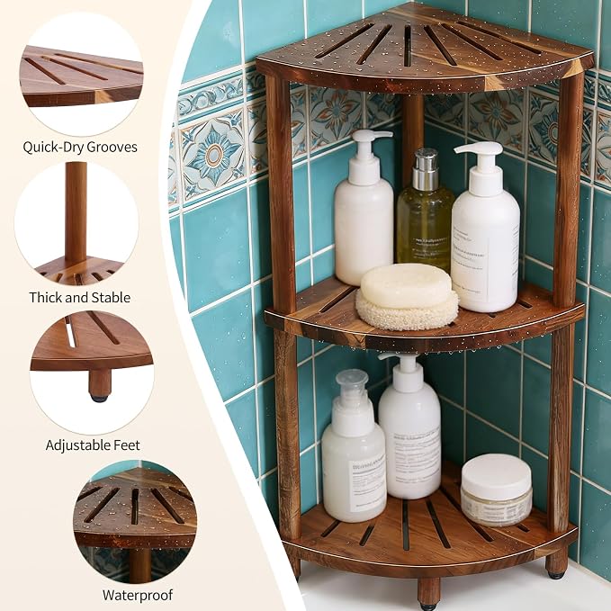 Corner Shelf Shower Caddy Stand 3 Tier for Bathroom, Space Saving Shower Organizer Corner Stand, Bathroom Shelves for Inside Shower - Home Decor & Bathroom Storage Acacia - Image 7