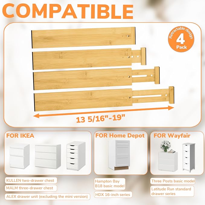 BAMEOS Drawer Divider,Expandable Bamboo Separators Adjustable Utensil Knife Fork Tool Kitchen Organizer, Clothes Fabric Drawer Organizer In Bathroom Bedroom Office, Cabinet Dresser Organizer 4-pack - Image 8