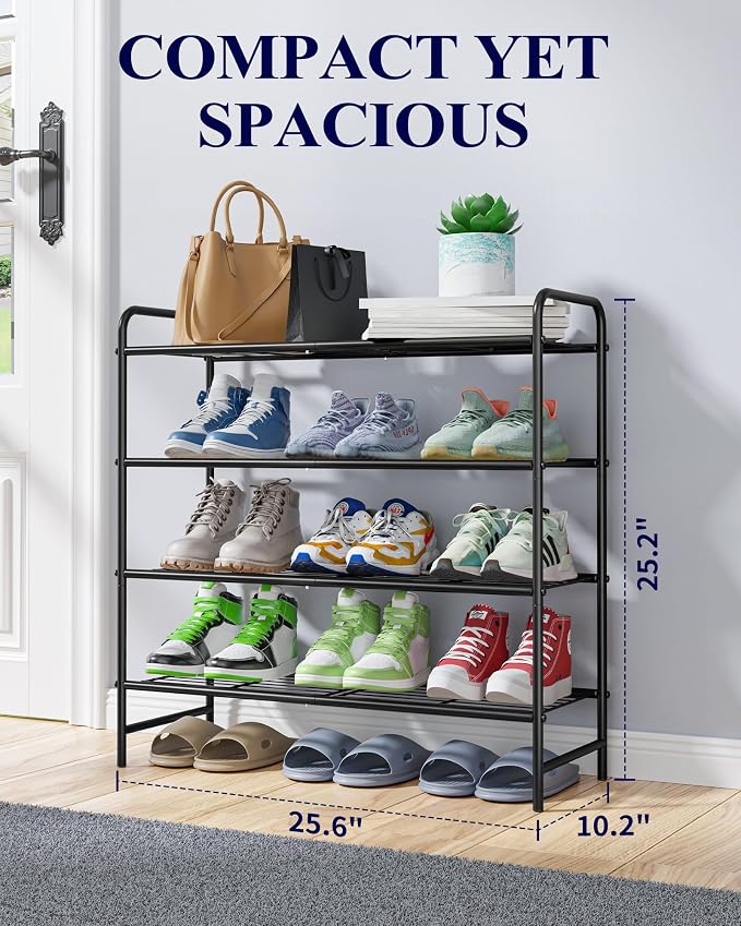 Kitsure Shoe Rack - Stainless Steel Shoe Organizer, Sturdy Shoe Rack for Closet and Front Door Entrance, Free Standing Shoe Shelf, Closet Organizers and Storage, 25.6" Wide - 4 Tier, Black - Image 2