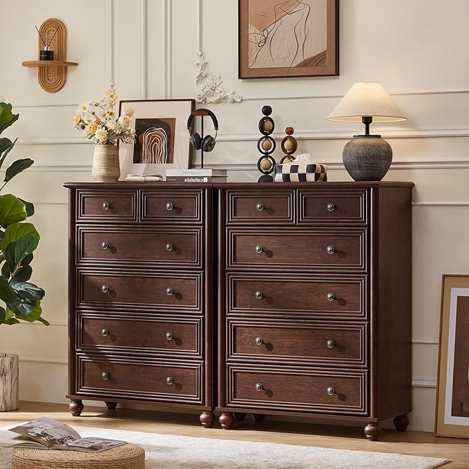 RWYHG Farmhouse 6 Drawer Dresser, Chest of Drawers for Bedroom, 43.5" Tall Walnut Kids Dresser with Roman Column and Metal Handles, Storage Dressers Organizer for Living Room, Hallway, Closet