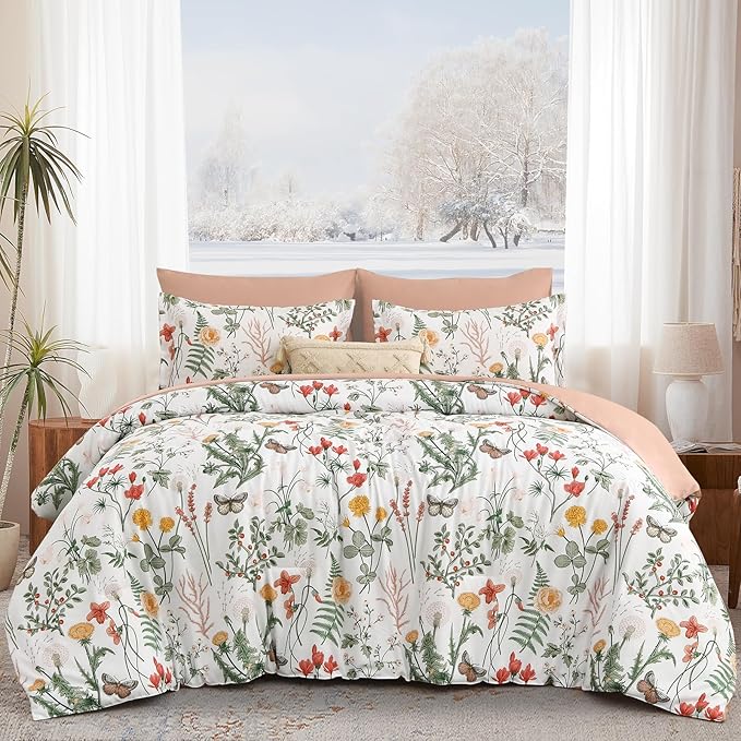 Yiran 7 Piece Floral Comforter Set Queen Size, Pink Green Summer Comforter Bedding Set, Botanical Bed in a Bag with Flowers Pattern, Soft Microfiber Complete Bedding Set with Sheets for All Season