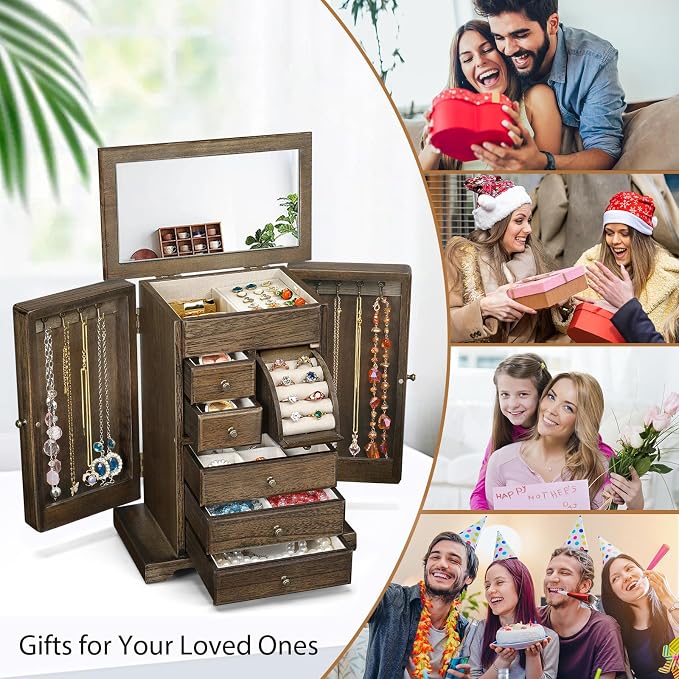 Jewelry Box for Women, Rustic Wooden Jewelry Boxes & Organizers with Mirror & Drawers,6 Layer Jewelry Organizer Box for Rings Earrings Necklaces Bracelets (Vintage) - Image 7