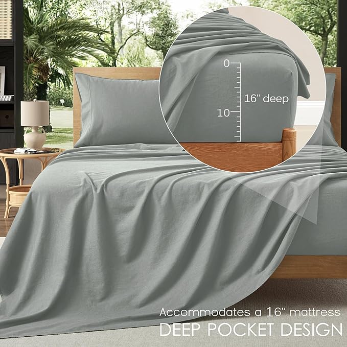 3Pcs Linen Sheets Twin Size, 100% French Linen from Normandy, Tear-Resistant Earl Gray Bed Sheets Twin Sheet Set with 16 Inch Deep Pocket, 1 Flat Sheet, 1 Fitted Sheet, 1 Pillowcases