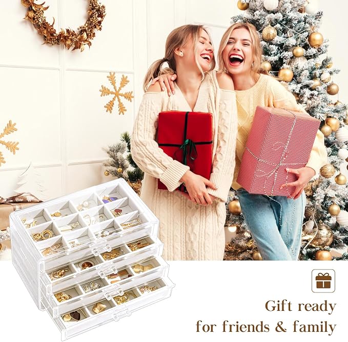 Lolalet Earring Holder Organizer Box Jewelry Storage with 4 Drawers, Clear Acrylic Stackable Earring Case with Adjustable Velvet Trays for Women on Dresser Vanity -Warmwhite, 4 Layers - Image 7