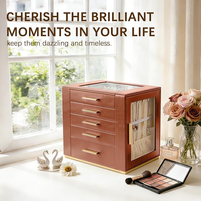 Homeanda Jewelry Box for Women with Glass Lid, 5 Drawers Jewelry Organizer and Storage for Necklaces, Rings, Earrings, Bracelets, Gift for Girls and Teens,PU Leather (Brown) - Image 7