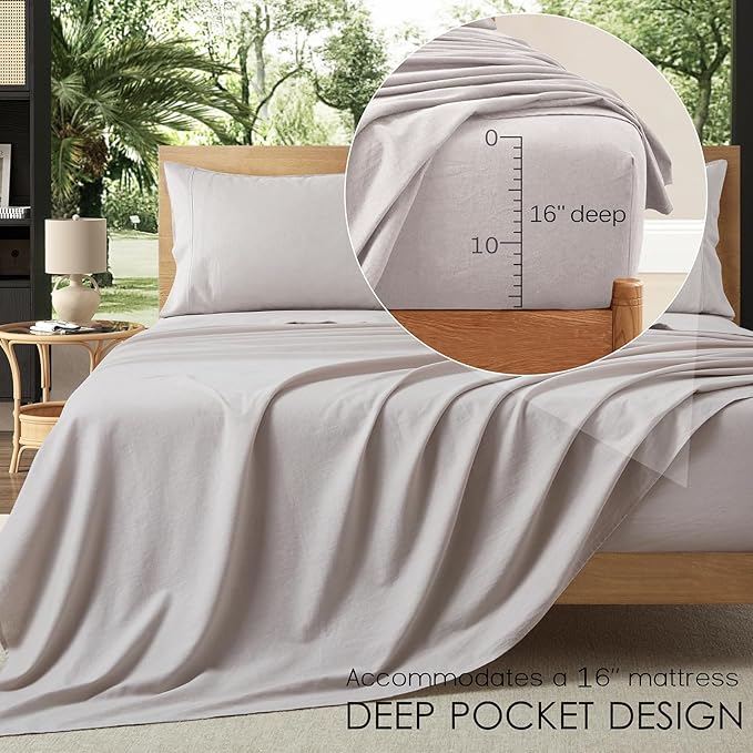 4Pcs Linen Sheets Full Size, 100% French Linen from Normandy, Breathable Natural Linen Full Sheet Set with 16 Inch Deep Pocket, 1 Flat Sheet, 1 Fitted Sheet, 2 Pillowcases
