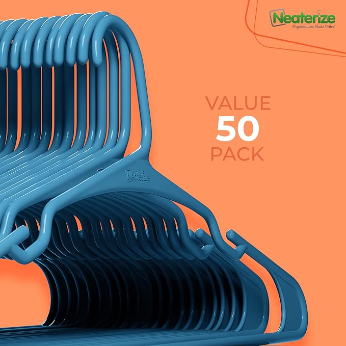 NEATERIZE Clothes Hangers Plastic 50 Pack for Adults - Plastic Hangers, The Perfect Coat Hanger and Space Saving Clothes Hangers for Closet, Percheros Ganchos para Colgar Ropa Hangars - Blue Hangers - Image 7