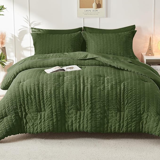 HYMOKEGE Olive Green Full Size Comforter Sets Seersucker 7 Pieces, All Season Luxury Bed in a Bag for Bedroom, Bedding Set with Comforter, Sheets, Pillowcases & Shams