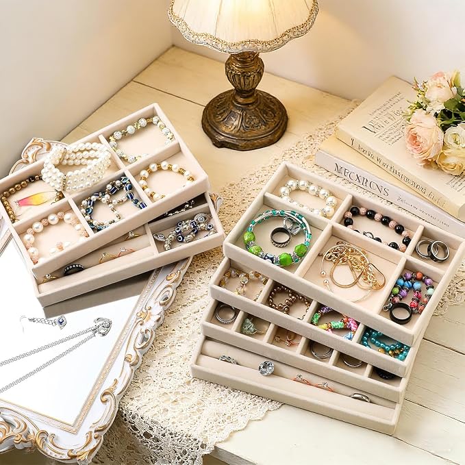 12Pcs Velvet Stackable Jewelry Trays, Jewelry Drawer Organizer, Large Removable Display Jewelry Tray, Necklace Bracelet Storage Box for Earring, Ring, Brooch, Watch (Beige) - Image 7