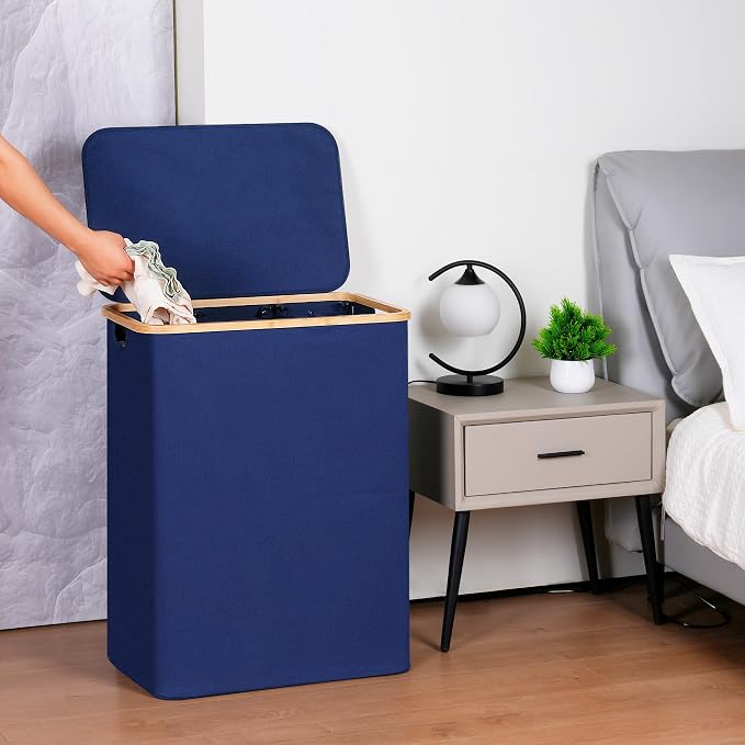 efluky Laundry Hamper with Lid, Trio Laundry Hamper with 3 Removable Bags, 3 Section Laundry Basket with Bamboo Handles for Bathroom, Bedroom & Laundry Room, 160L Blue - Image 7