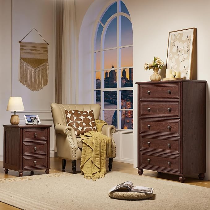 RWYHG 18" Farmhouse Night Stand Set of 2, Walnut Wood Nightstand with 3 Drawers, Bedside End Table with Storage and Roman Column, Bed Side Tables Cabinet for Bedroom, Living Room, and Closet