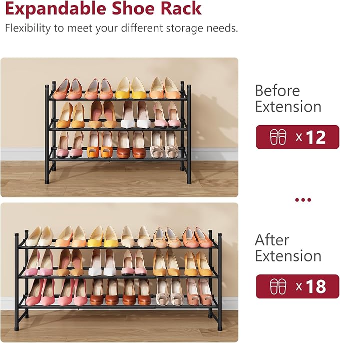 Tajsoon Expandable Shoe Rack for Closet 3 Tier, 28“-41“Adjustable & Stackable Shoe Shelf Storage, Metal Shoe Rack Organizer for Front Door Entrance, Closet, Garage, Entryway, Black - Image 7