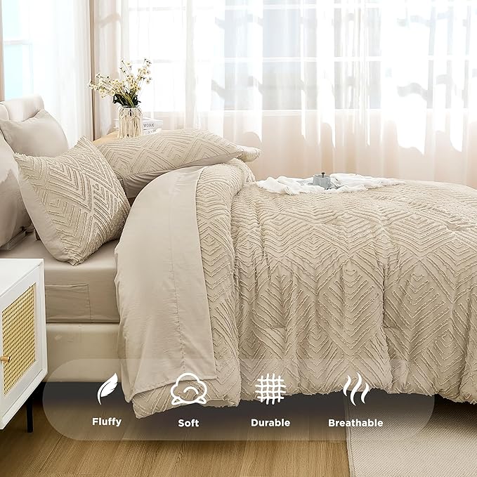 Andency Khaki Super King Plus Size Comforter Set with Sheets - 7 Pieces Bed in a Bag Boho Tufted Bedding Sets Fluffy Lightweight Oversized King Bed Set with Comforter, Sheets, Pillowcases & Shams