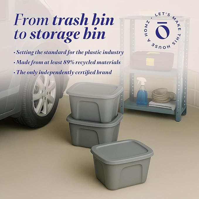 HOMZ 4-Pack Durable Molded Bin, Plastic Storage Containers w/Lids, 10 Gallon, Silver - Stackable Organizer Totes and Boxes for Bedroom, Kitchen, and Garage Organization