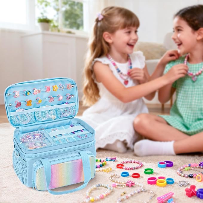 GRAOSO Double Layer Jewelry Organizer Storage for Kids Girls, Travel Jewelry Case Bag, Portable Jewelry Box with Handle and Detachable Shoulder Strap for Necklaces, Earrings, Rings, Blue (Case Only) - Image 7