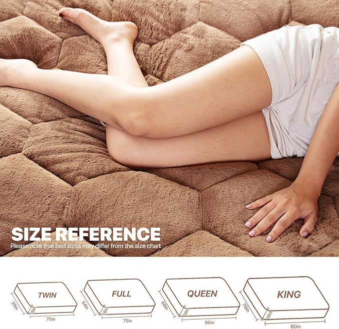 Faux Fur Fitted Mattress Pad Quilted Bottom Sheet, Fluffy Mattress Protector Cover, Luxury Soft Fitted Sheet Mattress Topper with 8-21" Deep Pocket Full