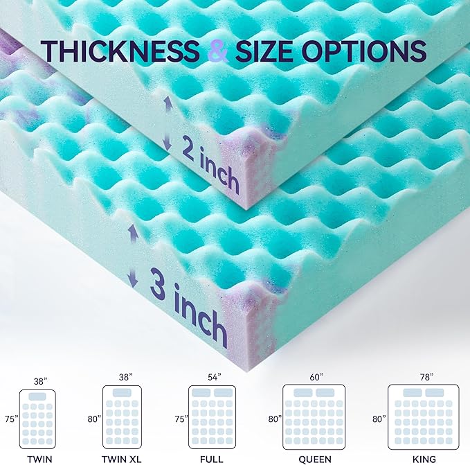 SINWEEK 3 Inch Egg Crate Memory Foam Mattress Topper Full Size, Soft Mattress Pad for Back Pain Relief, Bed Topper, CertiPUR-US Certified, Colorful
