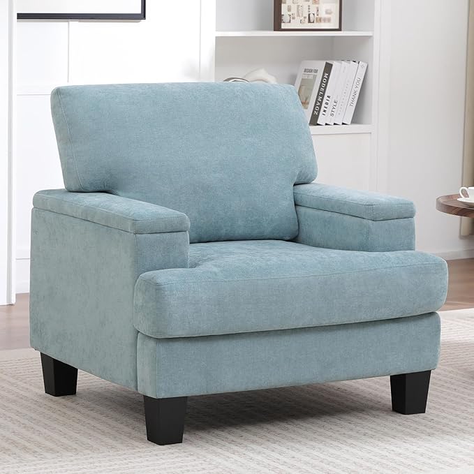 Oversized Accent Chair with Storage Armrest, Modern Upholstered Reading Living Room Chairs, Comfy Large Armchair, Fabric Single Sofa Chair for Bedroom (Green)
