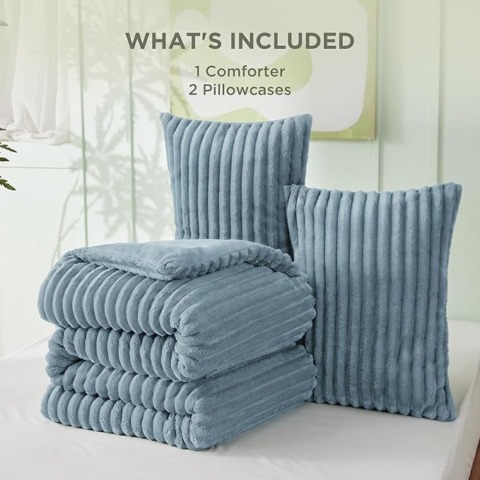 Bedsure Full Size Comforter Sets - GentleSoft™ 3 Pieces Double-Side Fleece Fluffy Mineral Blue Comforter Set, Cozy Striped Room Decor Aesthetic, Luxury Full Size Bedding, 2 Pillowcases, 82x86 Inches