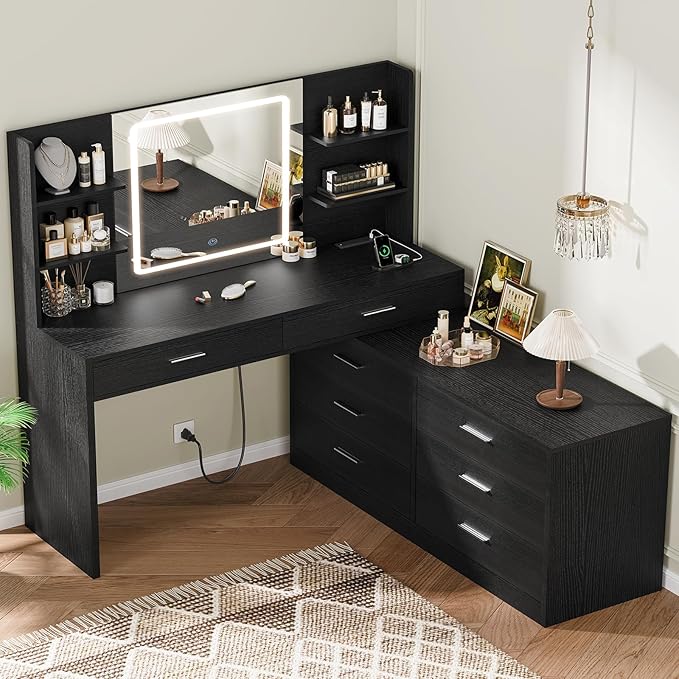 FIONESO Vanity Desk with LED Light Mirror & Power Outlet, 8 Drawers, 6 Storage Shelves, 3 Color Modes & Adjustable Brightness Makeup Vanity, Corner Vanity, L Shape Vanity, 39.4”-64.9" Desk, Black