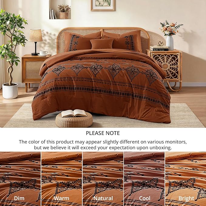 MaiRêve Full Size Comforter Set Burnt Orange, Embroidery Floral Western Boho Bedding Set, All Season 7 Pieces Bed in a Bag with Sheets, Pillowcases & Shams