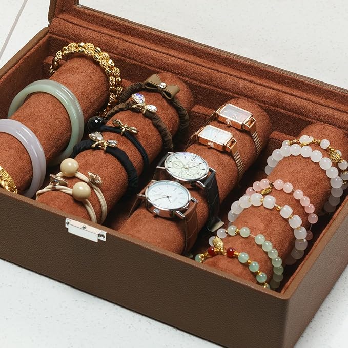 Bracelets Organizer Rods Bangles Display Holder, Clear See through Lid Leather Velvet Jewelry Storage Box Case for Women, 4 Rods Brown Leather - Image 9