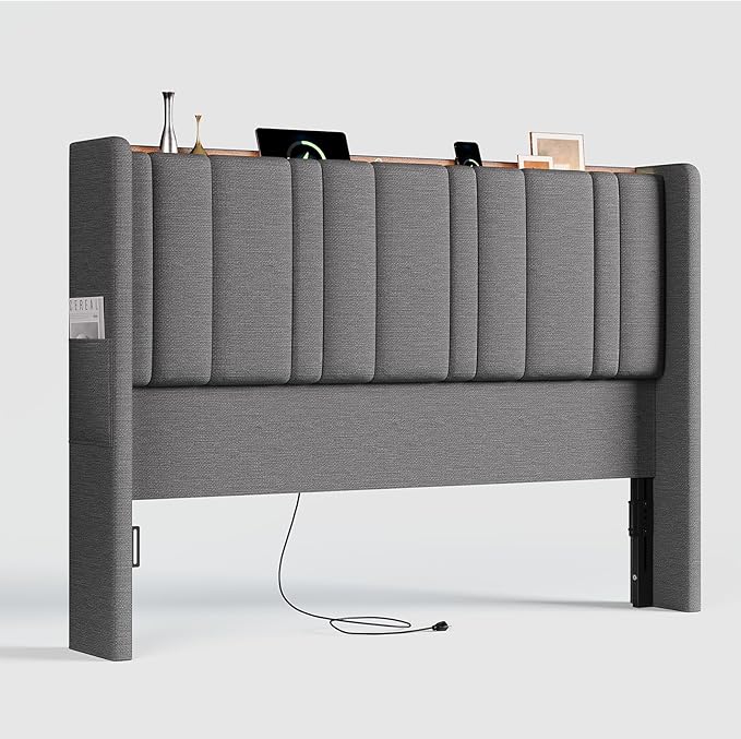 ONBRILL Queen Size Headboard with Storage, LED Light, Linen Vertical Wingback Headboard with Charging Station, Upholstered Head Board Queen w/High-Density Sponge Padding, 2 Storage Pockets, Grey