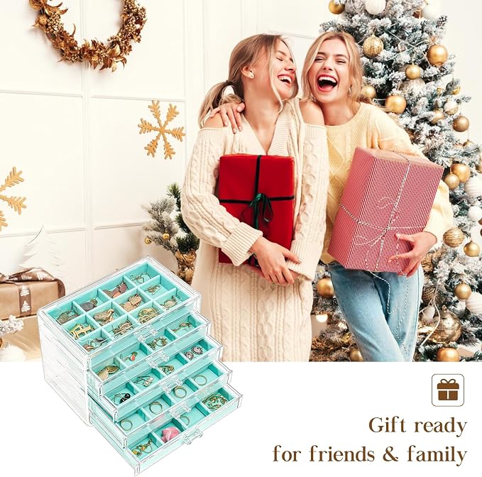 ProCase Earring Holder Organizer Jewelry Box with 5 Drawers, Acrylic Clear Earring Case with Adjustable Velvet Trays for Women - Aqua, 5 Layers - Image 7