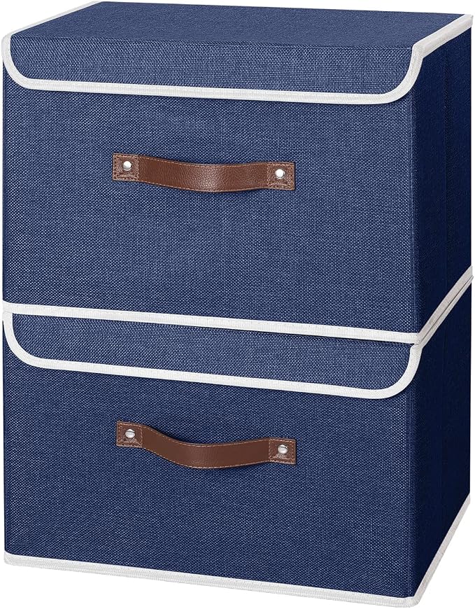 ANMINY 4PCS Storage Bins with Lid PU Leather Handles Storage Boxes PP Plastic Board Decorative Foldable Lidded Cotton Linen Fabric Home Cubes Baskets Closet Organizer Containers - Blue, Large Size - Image 8