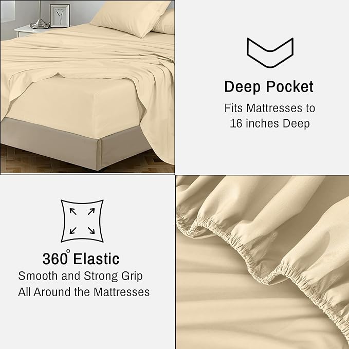 RUVANTI 100% Cotton Sheets – Twin Size Percale Bedding, Cooling & Breathable, Durable with a Crisp, Soft & Comfortable Feel, 16" Deep Pocket, 3-Piece Set, Beige