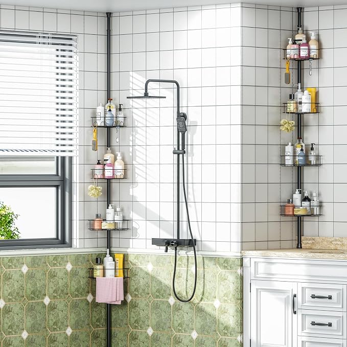Corner Shower Caddy Tension Pole,4 Tier Adjustable Bathroom Organizer Shelves,Inside Shower Storage With Hidden Hook & Towel Holder,63.7-119 Inch No-Drill Quick Installation Shower Rack,Black - Image 8