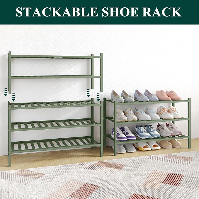 Smiry Bamboo Shoe Rack for Closet, 6 Tier Wooden Stackable Shoe Organizer, Free Standing Shoes Storage Shelf for Entryway, Front Door Entrance, Green - Image 6