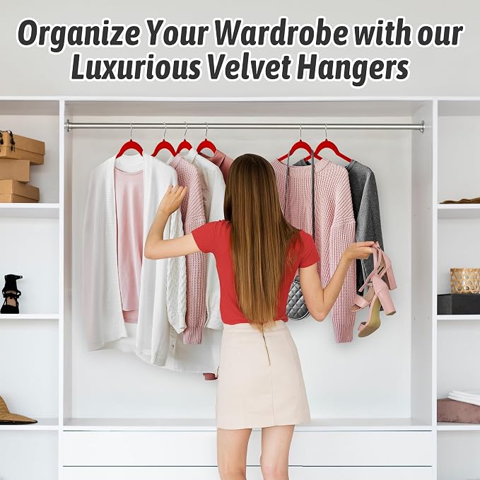 Sishynio Velvet Hangers 50 Pack – Slim Non-Slip Flocked Hangers with 360° Swivel Hook, Space-Saving Closet Organizer for Dresses, Blouses, Coats(Red) - Image 7