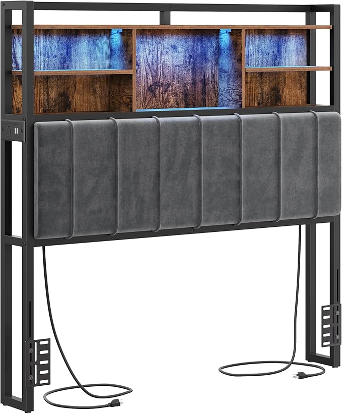Hzuaneri Headboard with 3-Tier Storage Shelves, Velvet Upholstered Head Board with 2 Outlets, USB Ports & LED Light, Soft Backrest for Full Size Bed, Rustic Brown and Black BH13801B