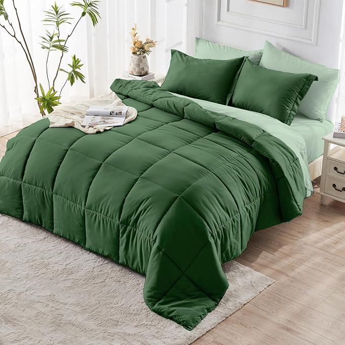 JOLLYVOGUE Full Comforter Set, Ultra-Soft Bed in a Bag Full Size 7 Pieces, Oeko-TEX Certified Bedding Set with Down Alternative Comforter, Sheets, Pillowcases & Shams, Dark Green & Light Green