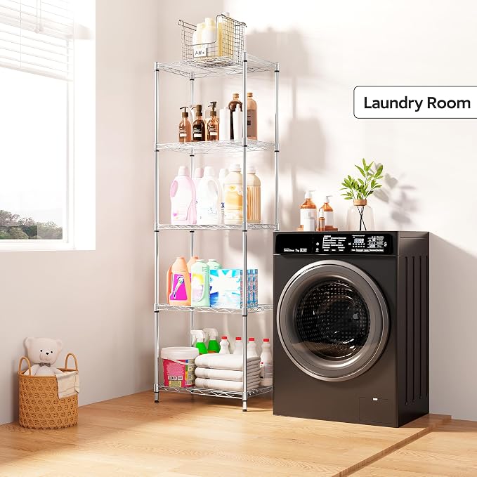 M MZG 5 Tiers Shelf Metal Storage Shelves Wire Rack Closet Organizers with Wheel for Garage Kitchen Bathroom Laundry Chrome 11.8" D x 17.7" W x 55" H - Image 8