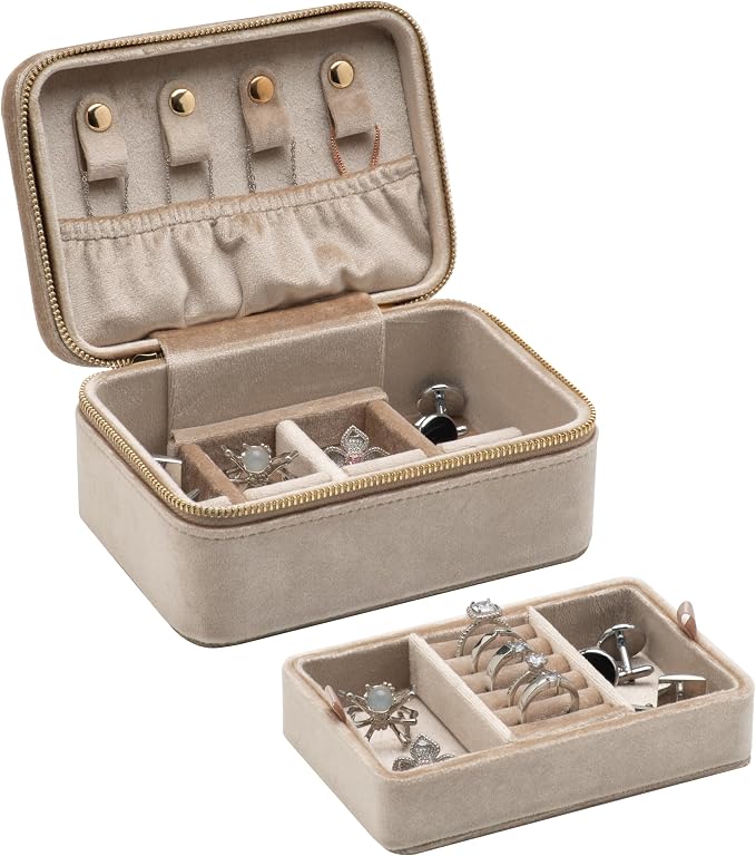 Velvet Travel Jewelry Organizer Box with Zipper Around Portable Accessory Display Tray Holder Storage Case for Multiple Earrings Rings Necklaces Bracelets (Beige) - Image 8