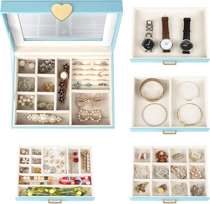Kendal Jewelry Box, 5-Layer Jewelry Organizer Box with Glass Lid, Blue, Heart Shaped PU Leather, Storage Box for Necklace Earrings Rings Bracelets, Gift Idea for Girls LJC4DRBL - Image 6