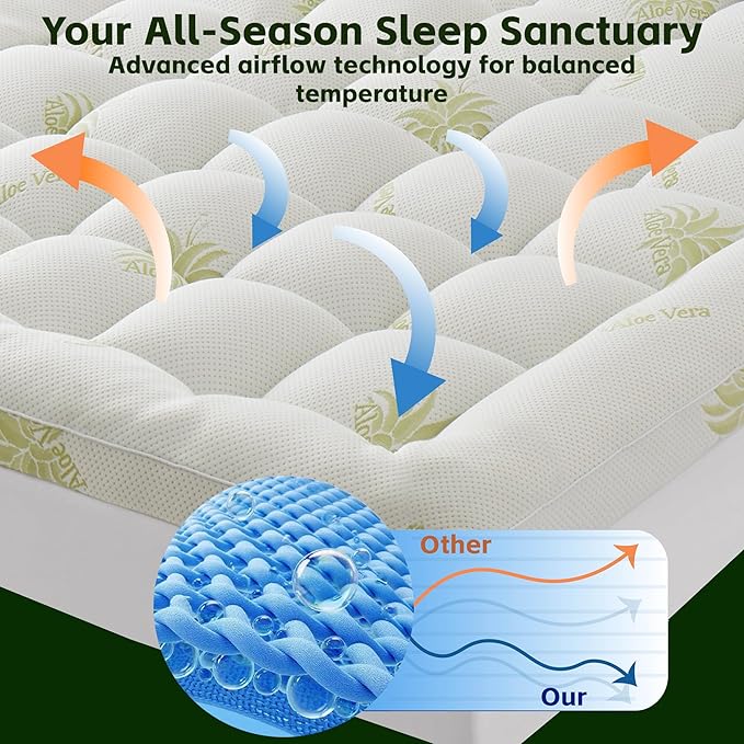 Mattress Topper Queen Size Aloe Vera Blend Viscose Derived from Bamboo Pillow Top - Extra Thick Padded Mattress Pad & Protector, Breathable Fitted Deep Pocket 8-21, Ultra Soft & Supportive 1100GMS