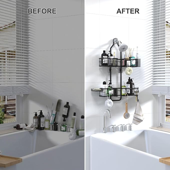 Shower Caddy Hanging Organizer, Rustproof Over Shower Head Caddy Holder with Hooks for Razor/Sponge, No Drilling Bathroom Racks Bath Storage Shelves for Shampoo Soap Towels, Black - Image 9