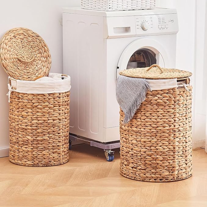 Round Water Hyacinth Laundry Hamper with Lid Handwoven Wicker Basket with Handles for Dirty Clothes, Storage, and Organization Ideal for Bedroom, Bathroom, and Laundry Room, No Assembly Required, 2Pcs - Image 7