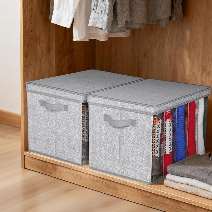 Zilink Upgraded Sweater Storage for Closet Shelf with Lids and Support Boards Clothes Organizer for Closet with 5 Grids Divider Sweater Organizers for Sweaters, Jeans, Pants, Grey Pattern, 3 Pack - Image 6
