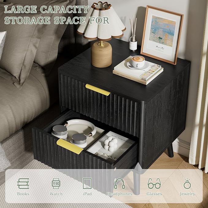LYNSOM 3 Pieces King Bedroom Set, Floating Bed Frame with Smart LED Lights & Nightstand Set of 2, Fluted Bedroom Furniture Set for Home, Bedroom, Black