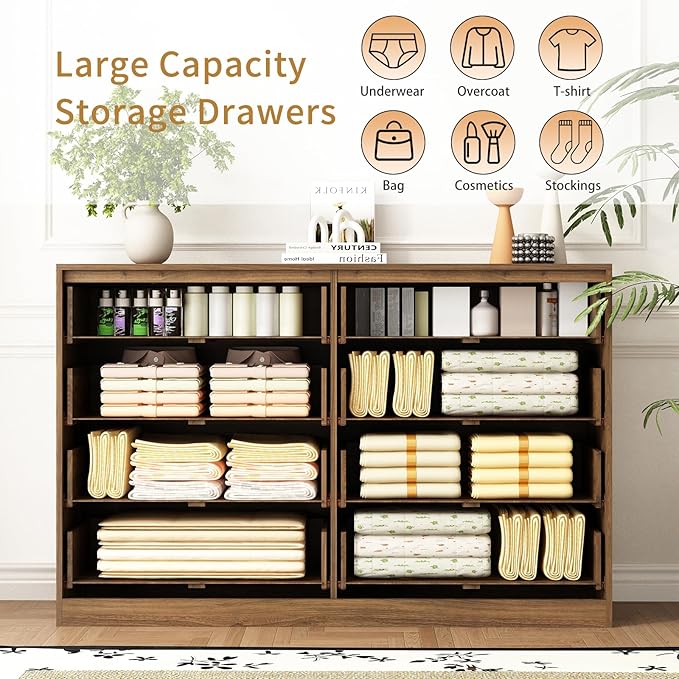 8 Drawer Dresser and Nightstand Sets for Bedroom, 3 Pcs Bedroom Set,Night Stand Set of 2 & 8 Drawer Dresser with Gold Handles, Modern Wood Chest of Drawers Storage Cabinet Set, Natural